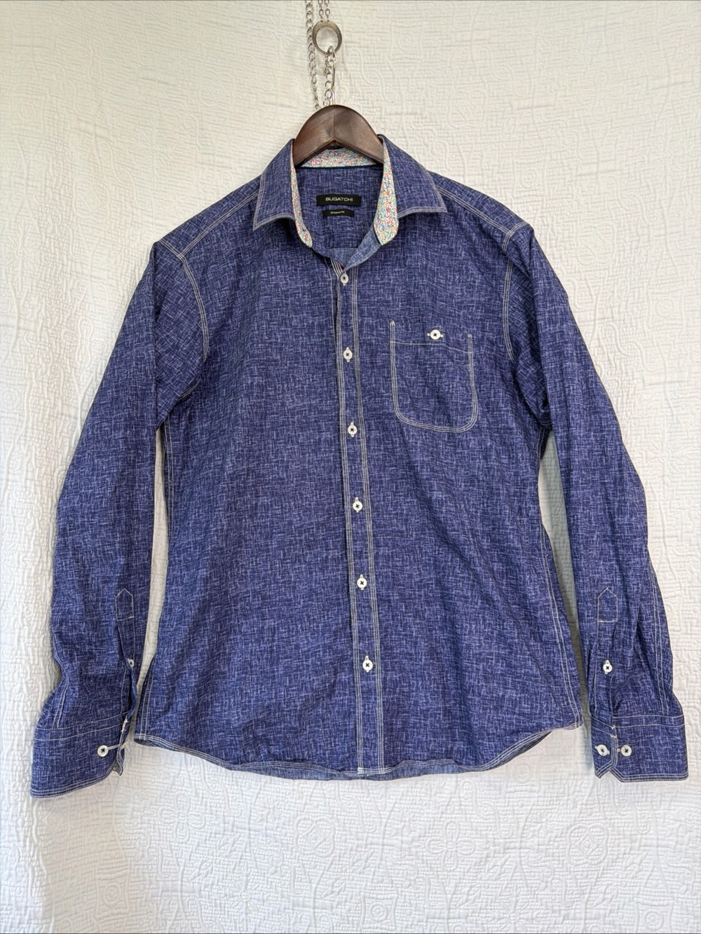 Bugatchi Shirt Mens Medium Shaped Fit Blue Cotton Turn Cuff Casual Button Down M